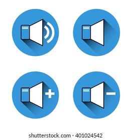 Set, collection, group of blue labels with simple, music icons with long shadow, isolated on white background