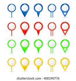 Set, collection, group of colorful - blue, red, green, yellow, round, 3d pointers, isolated on white background