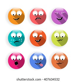 Set, collection, group of colorful labels, ions with face and long shadow, isolated on white background