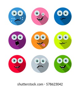 Set, collection, group of colorful labels, icons with face and long shadow, isolated on white background