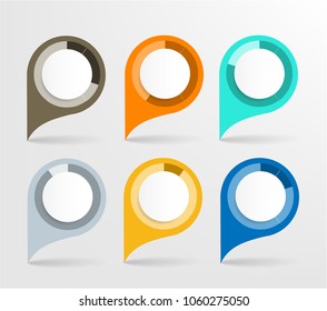 Set, collection, group of colorful map pointers, isolated on white background