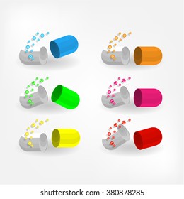 Set, collection, group of colorful pills isolated on white background