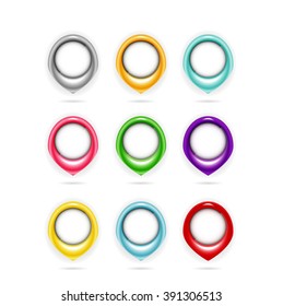 Set, collection, group of colorful, round, 3d pointers, isolated on white background