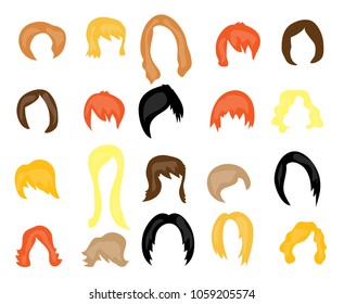 Set, collection, group of colorful wigs, isolated on white background