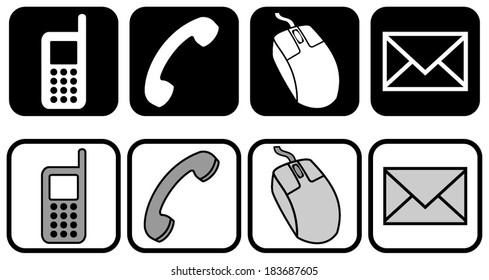 Set, collection, group of contact support web icons, signs, symbols. black and white graphic style design, vector art image illustration, eps10, isolated