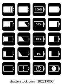 Set, collection, group of different battery icons and widgets, vector art image illustration, eps10, isolated on black background
