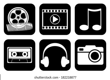 Set, collection, group of different media, music, movie, film, video, headphones icons and widgets, vector art image illustration, eps10, isolated on black background