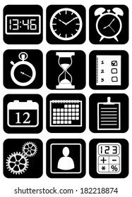 Set, collection, group of different organizer and settings icons and widgets, vector art image illustration, eps10, isolated on black background