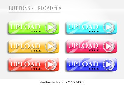 Set, collection, group of eight colorful - green, blue, yellow, pink, red - modern, isolated icons, buttons, signs with white text Up Load, design for website    