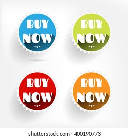Set, collection, group of four blue, green, red, orange buttons, labels with white text Buy Now, long shadow, isolated on white background