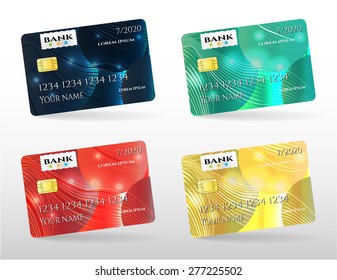 Set, collection, group of four colorful - black, green, red, yellow -realistic, isolated, modern credit cards with pattern, white background