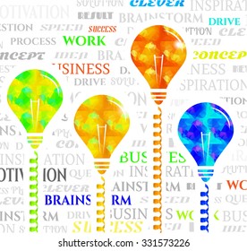 Set, collection, group of four light bulbs - green, yellow, orange, blue - made of triangular pattern with simple white shapes, white background with motivation words