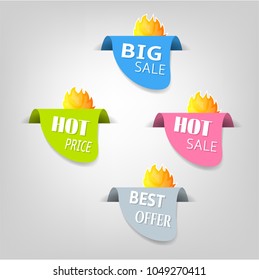 Set, collection, group of four modern colorful fire banners with ribbon and text, isolated on bright background