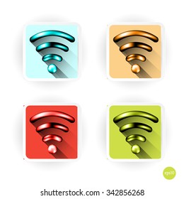 Set, collection, group of four modern, isolated WiFi icons, symbols, buttons with long shadow, colors blue, orange, red, green, white background