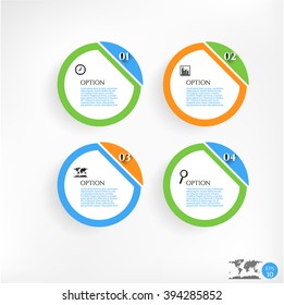 Set, collection, group of four modern, colorful - blue, orange, green banners with text, simple icons and numbers, isolated on bright background