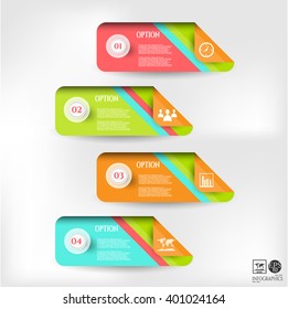 Set, collection, group of four modern, colorful - pink, blue, orange, green banners, labels with text, simple icons and numbers, isolated on bright background