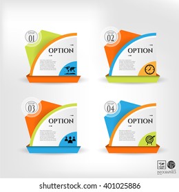 Set, collection, group of four modern, colorful - orange, blue, green banners, labels with text, simple icons and numbers, isolated on bright background