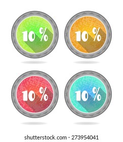Set, collection, group of four, round, isolated, flat, colorful buttons, icons, signs, labels, stickers, 10 - ten percent discount, sale, long shadow, grunge, retro design