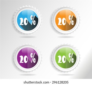 Set, collection, group of four, round, isolated, colorful - blue, orange, violet, green colors - buttons, icons, signs, labels, stickers, 20 - ten percent discount, sale, long shadow