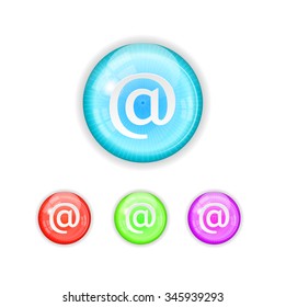 Set, collection, group of four, round, isolated, colorful buttons, icons, signs, labels, badges, stickers with at sign, white background