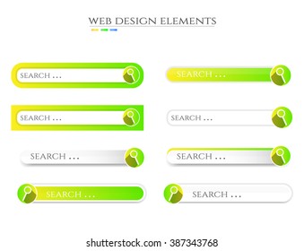 Set, collection, group of green, yellow, search bars with magnifier icon, text, design for website, isolated on white background