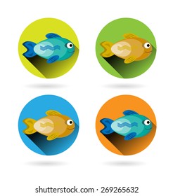 Set, collection, group of isolated, round icons with blue, smiling, happy fishes and yellow-golden fishes
