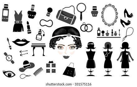 Set, collection group of isolated, simple, white, black, gray fashion icons - mirror, heels, nail polish, ring, beads, watches, table, fragrance with head of young, beautiful woman on white background