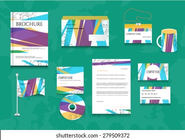 Set, collection, group, kit of striped, colorful - yellow, blue, white, violet colors, isolated, modern, corporate identity with simple shapes - rectangles, text. Stationery template design. 