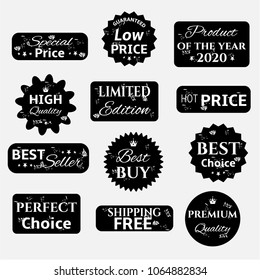 Set, collection, group of many black retro sale labels with text, isolated on white background