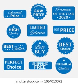 Set, collection, group of many blue sale labels with text, isolated on white background