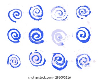 Set, collection, group of many blue, isolated, simple, watercolor signs, icons - spiral motion, elements, white background    