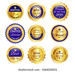 Set, collection, group of many modern golden blue sale labels with text, isolated on white background