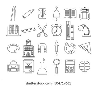 Set, collection, group of many simple, isolated, school, line icons, white background