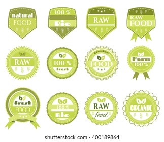 Set, collection, group of modern, green, simple labels, stickers with text and leaves, isolated on white background    