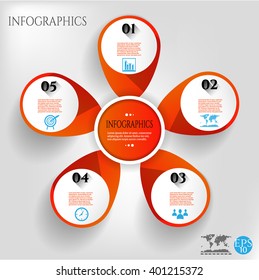 Set, collection, group of modern option circles, labels with text, simple icons and numbers with long shadow, isolated on bright background