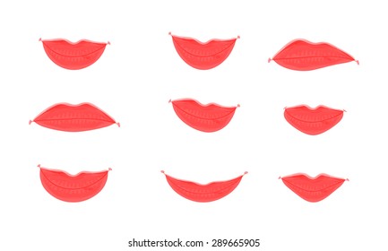 Set, collection, group of nine isolated, red, lips, kisses, white background
