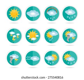 Set, collection, group, pack of modern, isolated, blue weather icons -  sun, cloud, raining, snowing, tornado, rainbow, design for website