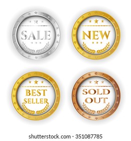 Set, collection, group of silver, golden, bronzed, metal labels with text Sold Out, Sale, Best Seller, New, diamonds, stars and twigs with leaves. Isolated  on white background.