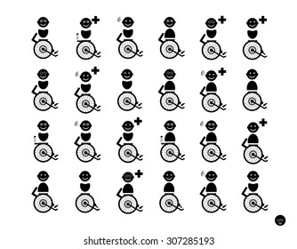 Set, collection, group of simple, isolated, black icons - wheelchair with person, white background