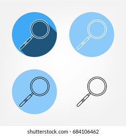 Set, collection, group of simple modern magnifier icons situated on blue labels, use for websites and apps, isolated on white background