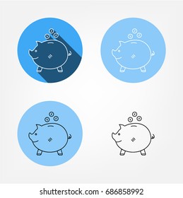 Set, collection, group of simple modern pig money-box icons situated on blue labels, use for websites and apps, isolated on white background