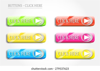 Set, collection, group of six colorful - green, blue, yellow, pink, red - modern, round, isolated icons, buttons, signs with white text Click Here, design for website, bright background    