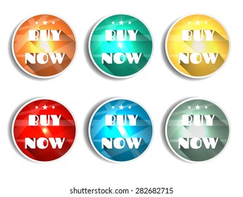 Set, collection, group of six colorful, isolated, round, retro icons, buttons, labels, stickers with white text Buy Now, stars, lights, long shadow, design for website