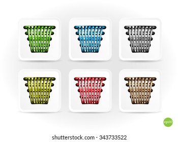 Set, collection, group of six - green, blue, gray, yellow, red, brown - isolated icons of simple bins with shadows on bright background