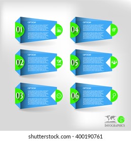 Set, collection, group of six modern, colorful - blue, green banners with text, simple icons and numbers, isolated on bright background