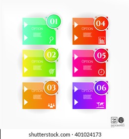 Set, collection, group of six modern, colorful banners, labels with text, simple icons and numbers, isolated on bright background