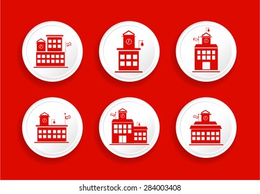 Set, collection, group of six red, white, isolated, round, modern, simple icons, buttons, labels, stickers, signs with school buildings, hotels, villas etc.