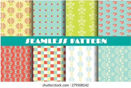 Set, collection, group of six vintage, blue, green, pink, white, yellow, red, seamless patterns with simple shapes - dots, rectangles, squares, hearts, natural motives - flowers