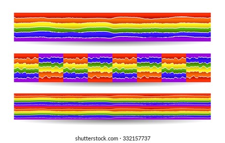 Set, collection, group of three colorful, striped banners, rainbow colors on white background