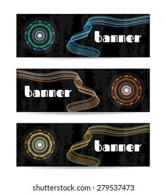 Set, collection, group of three isolated, retro, black banners with simple shapes, eye with light, white background